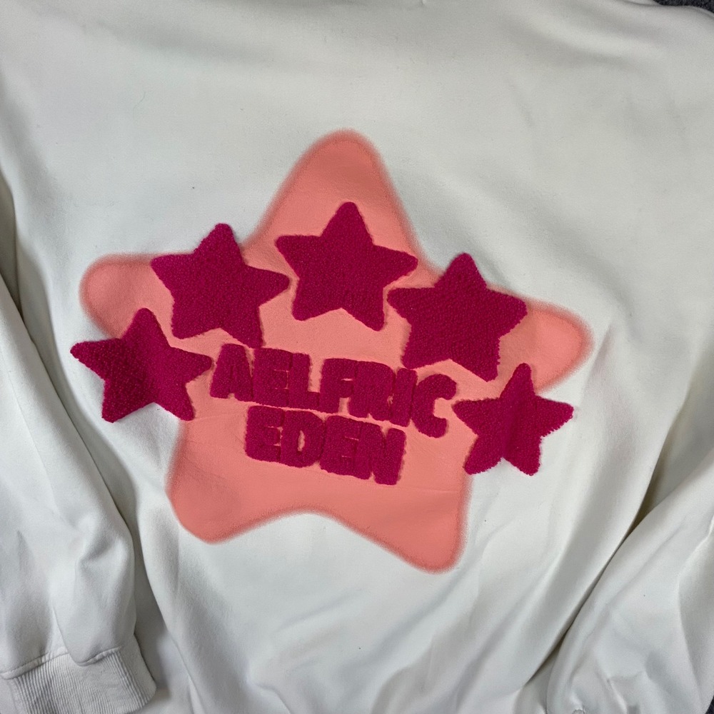 Aelfric Eden Mens XL White Pink Star Chenille Embroidery Hoodie Streetwear XL - Picture 8 of 8